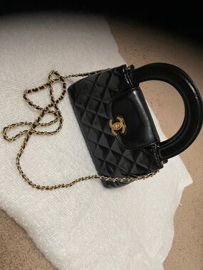 CHANEL Black Quilted Mini Top-Handle Bag with Gold Chain